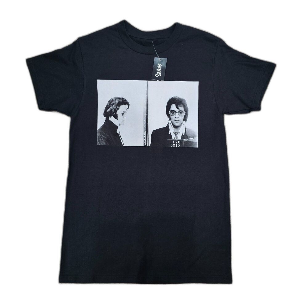 Elvis Presley Mugshot T Shirt Mens Small Black NWT 2023 Rock Band Graphic Tee